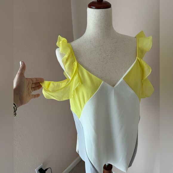Yellow gray colorblock ruffle sleeve off shoulder tank top by Zara sz M - Picture 4 of 10